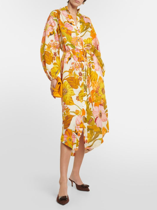 Sunflower Print Linen Shirt Dress